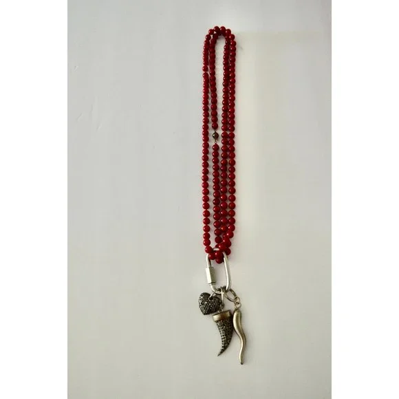Coral Double Strand Necklace with Carabiner Lock Huge Pendants Statement Piece